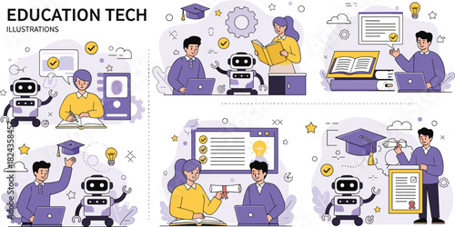 Education technology concept, AI learning tools, digital classroom, online certification, robotic teaching assistant, modern schooling, flat vector illustration