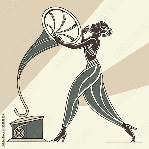 Art deco woman sings into a gramophone horn