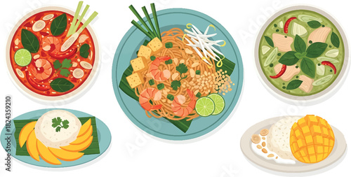 A beautifully illustrated collection of traditional Thai cuisine, featuring iconic dishes like Tom Yum, Pad Thai, and Green Curry