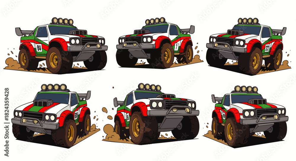 Naklejka premium A series of illustrations showing a colorful off-road vehicle in various perspectives, highlighting its design and rugged capabilities for adventurous journeys.