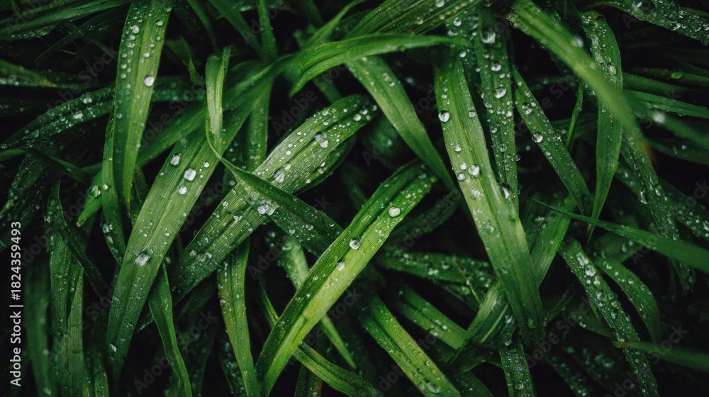 Fototapeta premium Morning Light Reveals Dewdrops on Green Grass in a Macro View Highlighting Natures Beauty