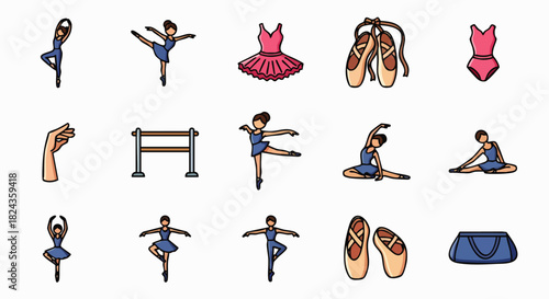 A collection of ballet-themed vector illustrations showcases graceful dancers, attire, and accessories suitable for various design projects and artistic endeavors.