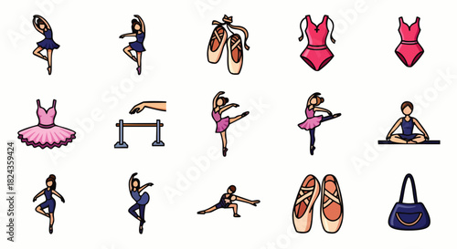 A collection of ballet-themed vector illustrations, showcasing dancers, pointe shoes, and related elements, perfect for artistic and dance-related projects.