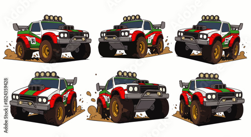 A series of illustrations showing a colorful off-road vehicle in various perspectives, highlighting its design and rugged capabilities for adventurous journeys.