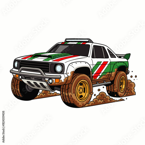 An illustrated rally car races across a muddy track, kicking up dirt and showcasing its off-road capabilities in a vibrant, dynamic scene.