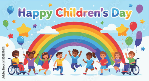 A cheerful Children’s Day celebration featuring happy kids enjoying joyful moments together. The scene highlights childhood happiness, fun activities, and positive energy—perfect for festive campaigns