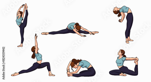 A woman demonstrates various yoga poses, showcasing flexibility and balance in a calm and serene illustration, perfect for wellness and fitness concepts.