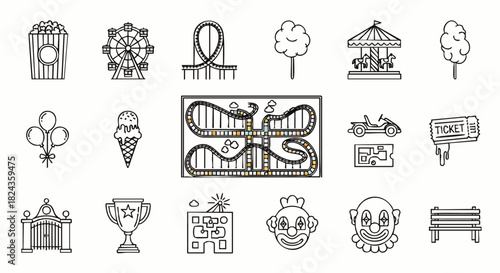 A collection of amusement park icons, featuring a Ferris wheel, roller coaster, carousel, popcorn, and other fun elements for entertainment and leisure.