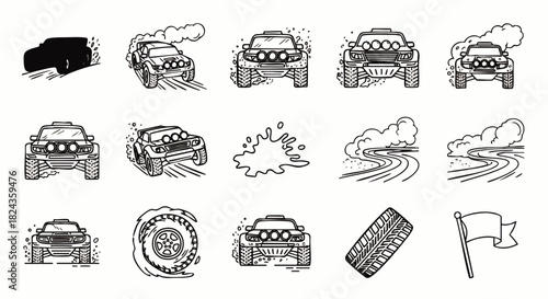 A collection of stylized off-road vehicle illustrations, showcasing adventure, speed, and rugged terrain with dynamic lines and expressive details.