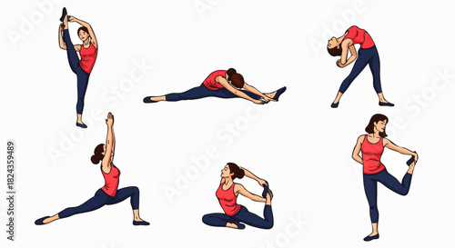 A woman demonstrates various yoga poses, showcasing flexibility and strength in a series of colorful, illustrated exercises for fitness and wellness.