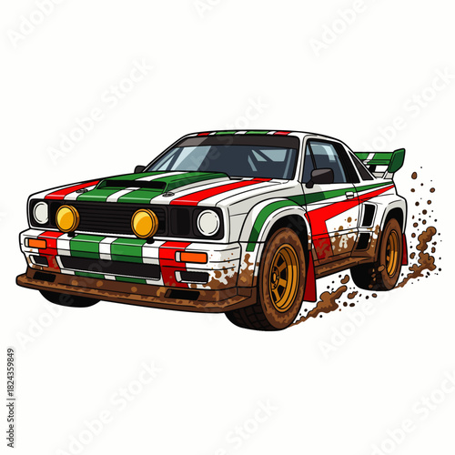 A detailed illustration of a classic rally car, showcasing its design with vibrant colors and dynamic mud effects, perfect for automotive enthusiasts.