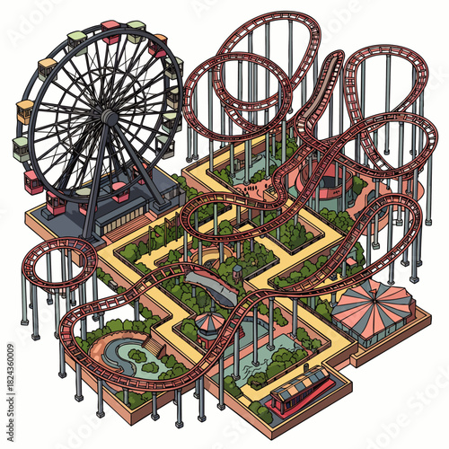 An isometric illustration depicts a vibrant amusement park, featuring a towering Ferris wheel, thrilling roller coaster tracks, and lush green landscaping.