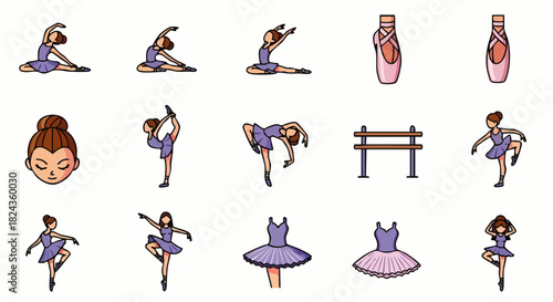 A charming collection of ballet-themed illustrations, showcasing graceful dancers, pointe shoes, tutus, and ballet barres, perfect for artistic projects and designs.