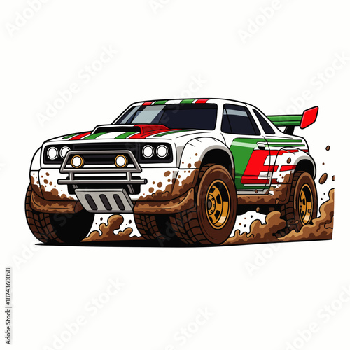 A vibrant illustration showcases a rally car, kicking up dirt as it navigates a rugged terrain, capturing the thrill of off-road racing and adventure.