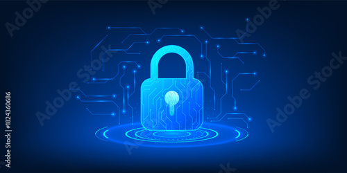 Cybersecurity Technology Lock with Circuit Network, Data Protection, Cyber Threat Prevention, Malware Attack Defense, Secure Encryption System, Abstract Cyber Tech Background, Vector Illustration