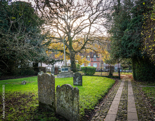 View from St Mary's church, Selborne, Hampshire, showing the graveyard and cottages opposite.