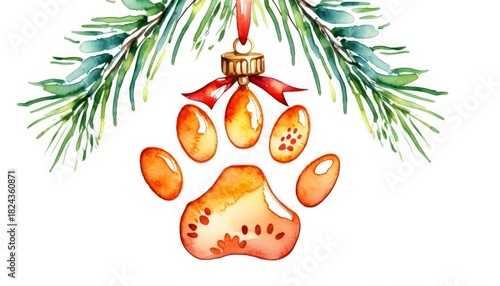 Watercolor illustration Cat paw ornament, close-up macro festive photo