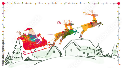 Colorful Illustration Of Santa Claus In A Sleigh Pulled By Reindeer Over Snowy Village Landscape
