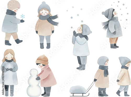 雪の日のこどものイラストセット