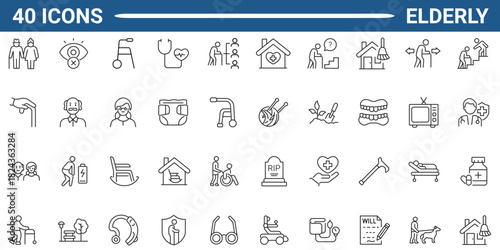 Elderly line icon set. Includes various old, senior, Pensioner, grandparents, caregiver, and health care. Editable stroke. Vector illustration