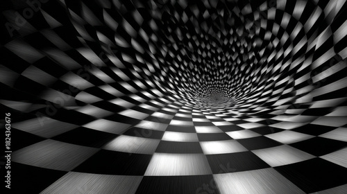 A high-contrast optical illusion pattern with expanding checkerboard tiles curving into a swirling tunnel, giving the impression of falling into a never-ending visual spiral.