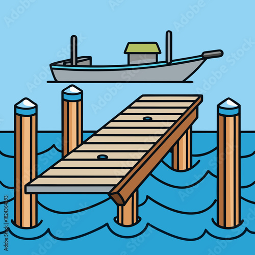 Simple illustration of a boat and dock on the water