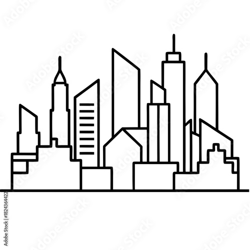 Minimalist black and white cityscape silhouette of tall buildings
