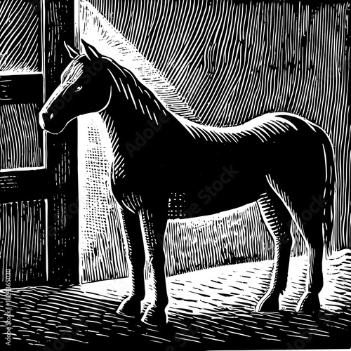 Silhouette of a horse standing in a doorway with dramatic lighting