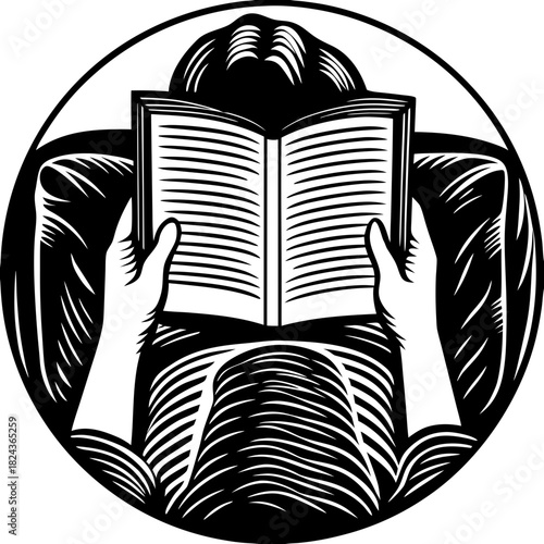 Person reading a book in a circular emblem