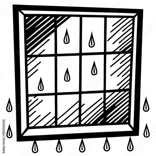 Raindrops falling on a window pane with crosshatching