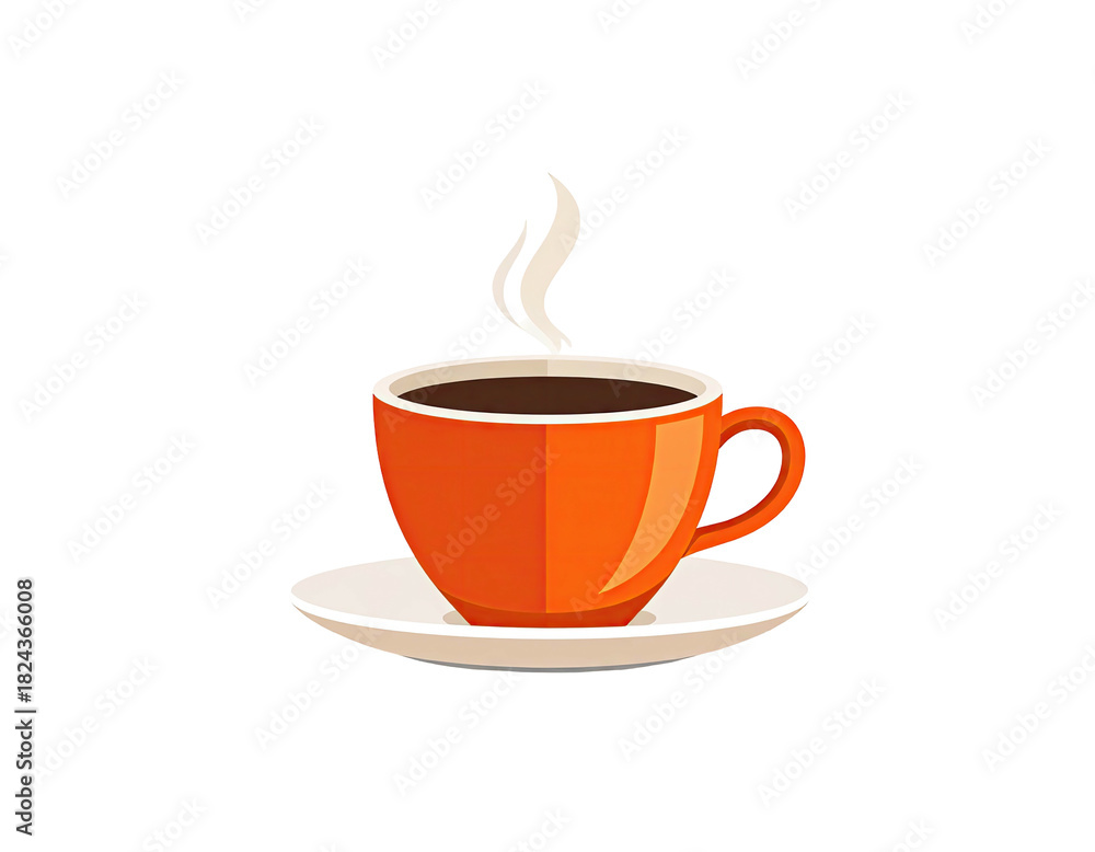 Fototapeta premium An orange ceramic cup filled with hot coffee sits on a white saucer with steam rising.