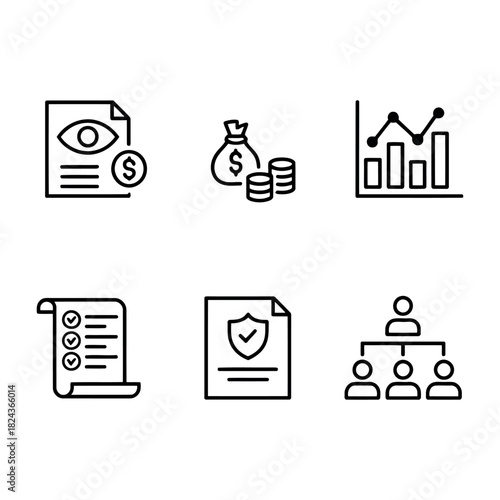 Business icons: finance, strategy, rules, organization, metrics, value