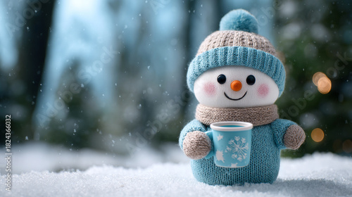 Cute snowman toy with mug in winter scene. Cozy knitted plush character on snowy background. Christmas gift idea for kid. Festive animation concept.