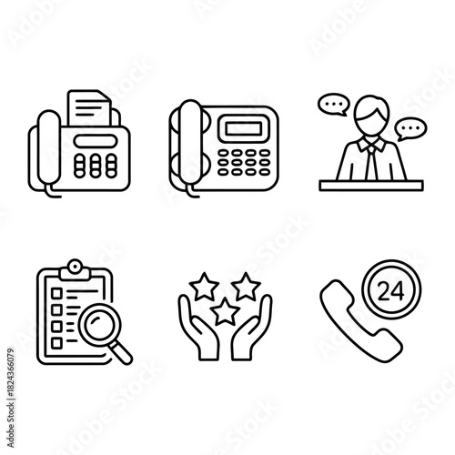 Customer service icons: fax, phone, meeting, contact, stars, 24h