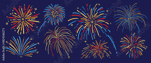 New year firework vector illustration with red blue yellow bursts on dark background — bright festive design for celebration, greeting cards and holiday decoration