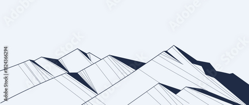 Mountain landscape vector line illustration with black contour peaks and flowing terrain shapes — adventure nature design for hiking, outdoor travel and exploration