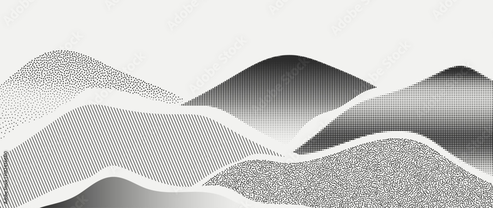 Obraz premium Minimal halftone mountain vector background with black and white dotted landscape waves — modern abstract design for creative artwork, posters and decorative scenes