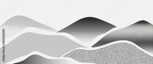 Minimal halftone mountain vector background with black and white dotted landscape waves — modern abstract design for creative artwork, posters and decorative scenes
