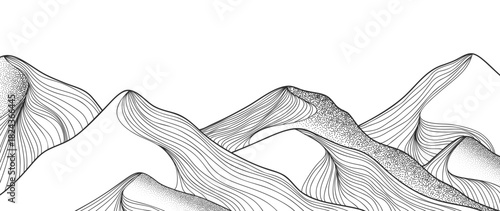 Mountain landscape vector line illustration with black contour peaks and flowing terrain shapes — adventure nature design for hiking, outdoor travel and exploration