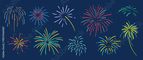 New year firework vector illustration with red blue yellow bursts on dark background — bright festive design for celebration, greeting cards and holiday decoration