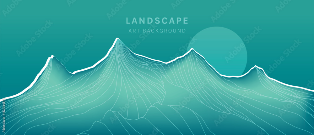 Obraz premium Minimal mountain landscape vector background with teal contour peaks and flowing terrain design