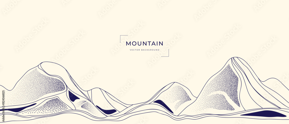 Naklejka premium Mountain landscape vector line illustration with black contour peaks and flowing terrain shapes — adventure nature design for hiking, outdoor travel and exploration