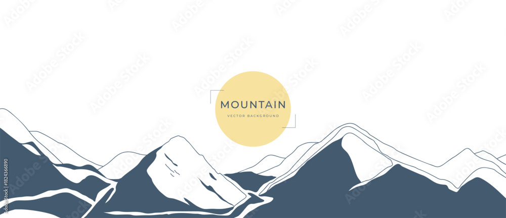 Naklejka premium Minimal mountain landscape vector illustration with navy blue terrain shapes and yellow sun circle — clean nature design for travel, adventure artwork and outdoor backgrounds