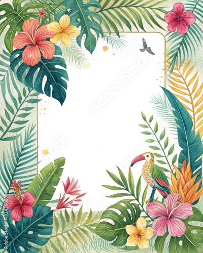 Tropical frame with palm leaves and flowers, colorful