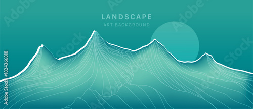 Minimal mountain landscape vector background with teal contour peaks and flowing terrain design