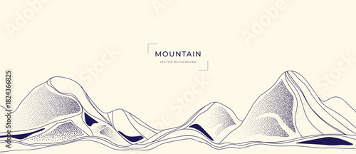Mountain landscape vector line illustration with black contour peaks and flowing terrain shapes — adventure nature design for hiking, outdoor travel and exploration