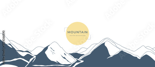 Minimal mountain landscape vector illustration with navy blue terrain shapes and yellow sun circle — clean nature design for travel, adventure artwork and outdoor backgrounds