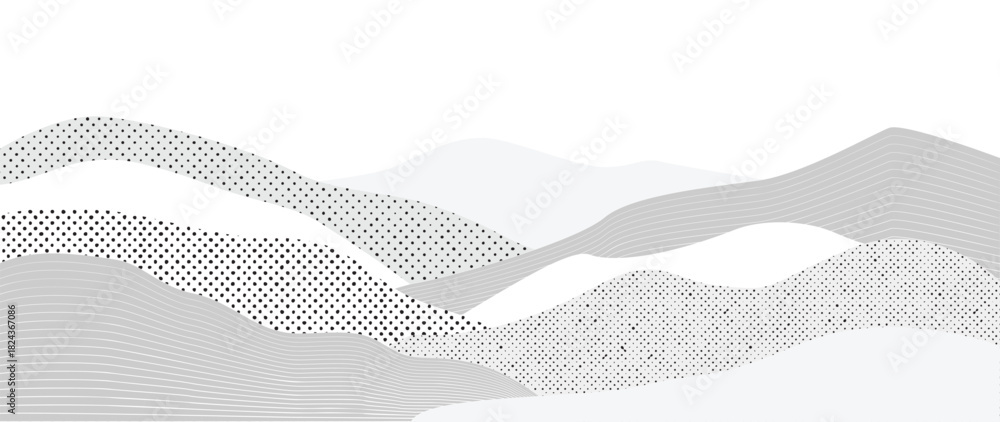 Obraz premium Minimal halftone mountain vector background with black and white dotted landscape waves — modern abstract design for creative artwork, posters and decorative scenes