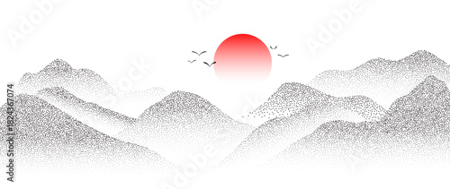Minimal mountain landscape vector with dot stipple hills, red sun and flying birds — serene nature design for zen artwork, outdoor scenery and creative backgrounds