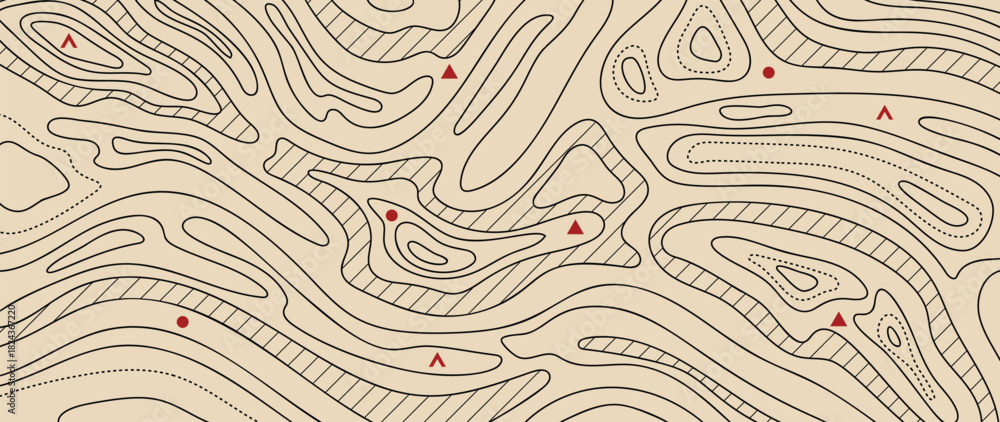 Naklejka premium Topographic contour line vector background with beige terrain shapes and navigation markers — adventure outdoor map design for hiking, exploration and travel